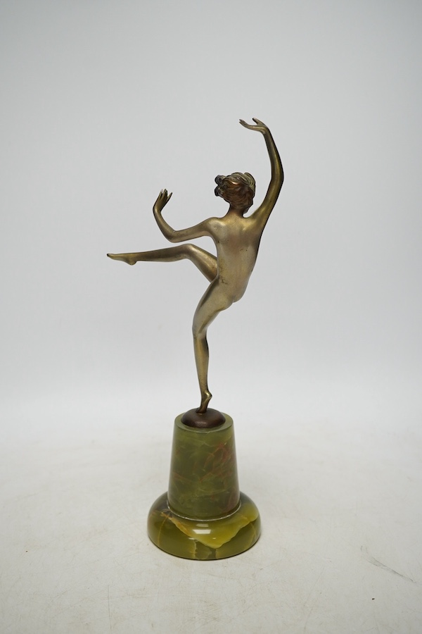 In the manner of Josef Lorenzl, an Art Deco bronze figure of a dancer on onyx base, 29cm. Condition - fair to good